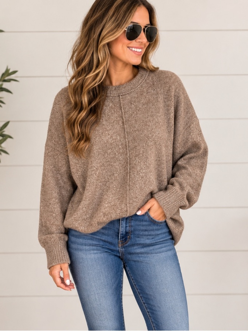 🤎 Taupe Oversized Knit Sweater XL Crewneck Neutral Cozy Fall Pullover